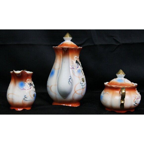 5 Pc Orange Moriage Dragonware Tea Set Teapot Sugar Bowl Creamer Pitcher Japan - Picture 5 of 11